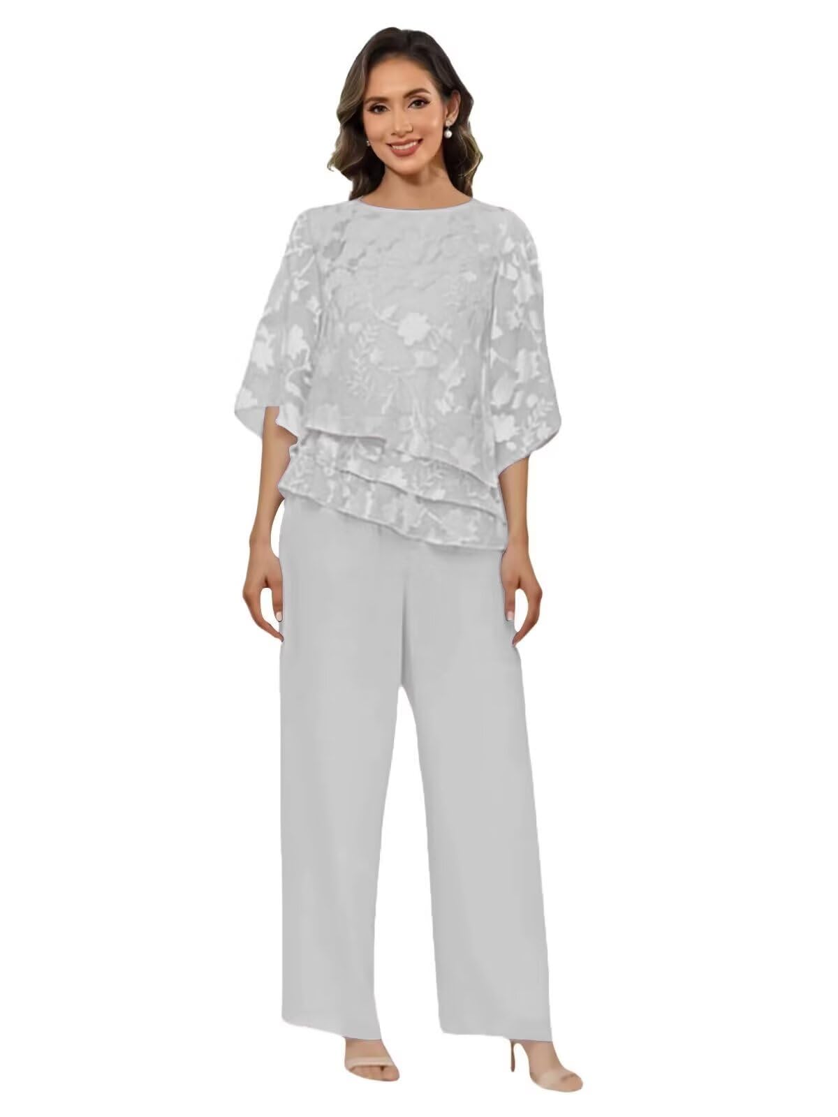 2 Piece Mother of The Bride Pant Suits for Wedding Floral Chiffon Formal Pant Suit for Women Dressy