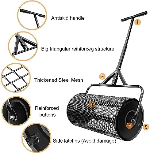 24" Lawn Roller Spreader - Lightweight Powder Coated Steel for Compost, Manure & Peat Moss - Garden Grass Feeding & Weeding Tool with T-Bar Handle, Black