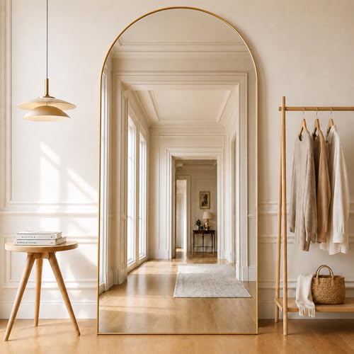 Image of Arbor life Arched Floor Mirror, 180x80cm Full Length Mirror with Stand, Aluminium Alloy Frame, Tempered Glass, For Bedroom, Living Room, Cloakroom, Standing Hanging or Leaning Against Wall, Gold