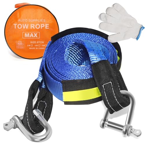 5m Tow Rope,Heavy Duty Tow Strap With Reflective Strips, Car Essential Towing Strap With 2 U-Shaped Carbon Steel Hook,Portable Tow Bar For Cars，Vans, Boat,Camper,Max 8 Tonnes Load Capacity
