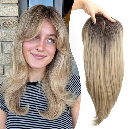 Image of Synthetic Hair Topper with Bangs 18 Inch Layered Toppers for Women with Thinning Hair 5.5 inch x 5 inch hand Tied Forehead Hairline 360 3D Cover Wispy Synthetic Toppers Hair for Women Fiber Wiglets