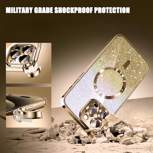 Image of Misscase for iPhone 15 Pro Magnetic Glitter Case Compatible with MagSafe,Camera Lens Protector Full Protection Elegant Anti-Scratch Dust-Proof Net Case Cover for iPhone 15 Pro Gold