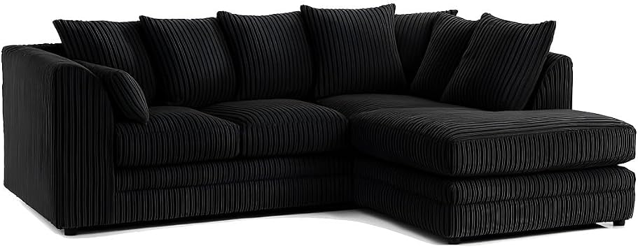 Modular L Shaped Corner Sofa | Jumbo Cord Cloud Sofa | Right or Left Hand Facing 3 4 Seater | Boneless Comfy Fabric Settee | UK Lounge Couch Black, Right Hand
