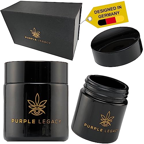 PURPLE LEGACY® 2x Stash Jar 100 ml UV-Aufbewahrungs-Behälter Stash Gläser, UV-Glas, Kräuter Aufbewahrung UV-Schutz-Vorratsglas Geschenke Set | Luftdichte Dose Luftdicht Luftdichte Box