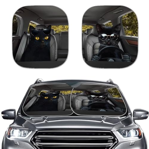 Image of Funny Black Cat Car Interior Accessories Sun Protection Easy to Install Automotive Windshield Sunshades Keep Cool UV Rays Protection for Most Sedan Truck Van 28.5 x 25.5 inches