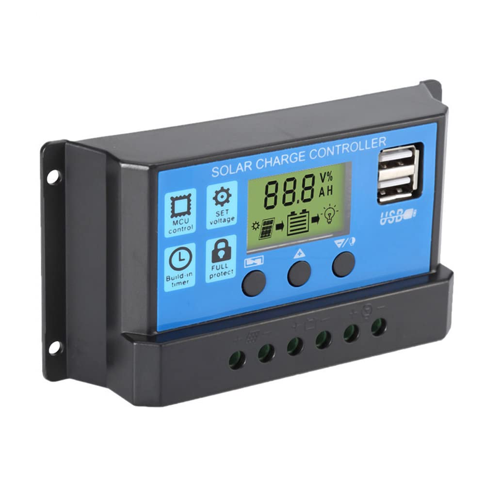 30A Solar Charge Controller,12V/ 24V Solar Panel Charge Controller,Timer Setting PWM Auto Parameter,Intelligent Regulator with 5V Dual USB Port Display Adjustable Parameter LCD Display