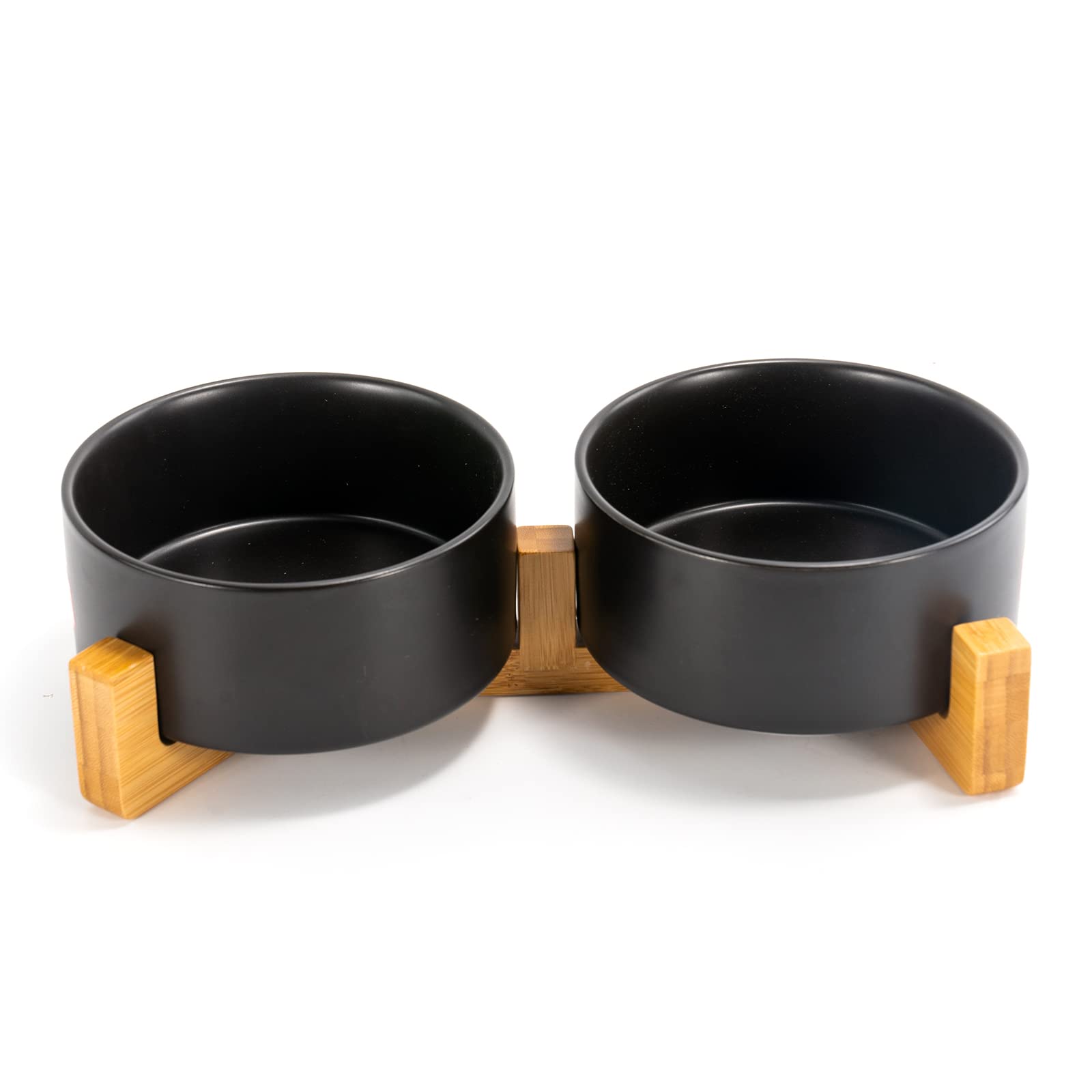 SPUNKYJUNKY Ceramic Dog and Cat Bowl Set with Wooden Stand, Modern Cute Weighted Food Water Set for Small Size Dogs (13.5OZ ) & Medium Sized Dogs (28.7OZ) & Cats (3.6 Cups, 2 × Black)