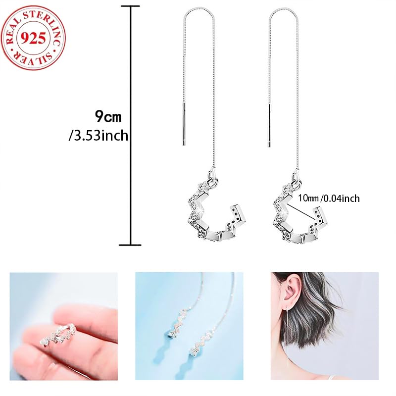 925 Sterling Silver Wave Cuff Earrings with Sparkly Cubic Zirconia Wrap Tassel Earrings for Women Dangle Earrings Threader Chain3