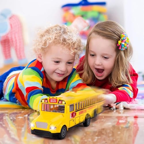 Image of PLUSPOINT Big School Bus Van Toy Friction Powered City Service Vehicle with Lights and Cool Sounds and Songs Openable Doors,Heavy Duty Push n Go Vehicles Yellow Bus Kids, Girls, Boys, Toddlers