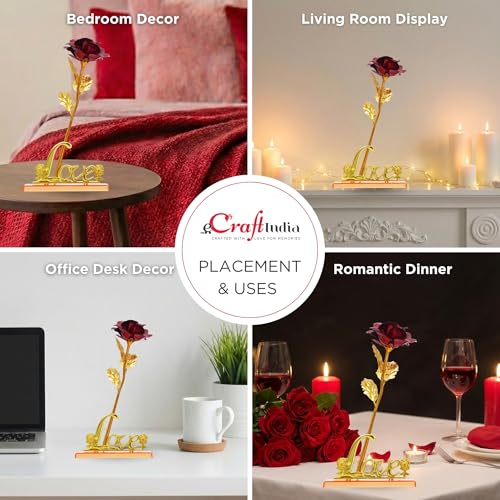 Image of eCraftIndia Golden Red Rose Flower with Love Showpiece Rose Day Valentine Gift for Girlfriend Boyfriend Husband Wife Her Him Valentines Day Gift Valentine Day Decoration Items