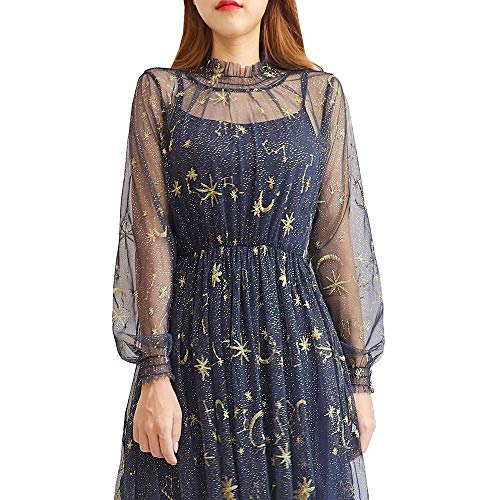 Women Summer Chiffon Dress Stars Moon Print Embroidered Skirt Long Puff Sleeve Princess Dress3