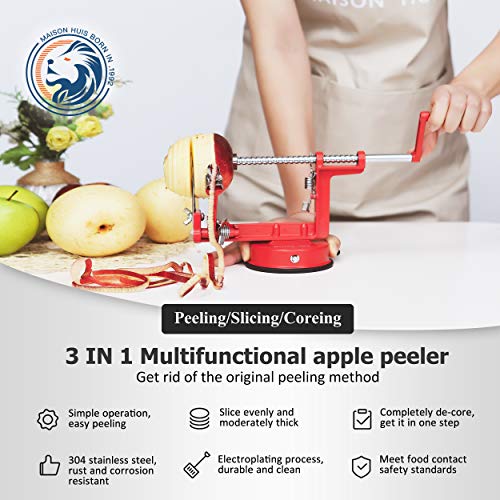 MAISON HUIS 3-in-1 Cast Apple/Potato Peeler Slicer Corer Stainless Steel Blades Red Hand-cranking Machine Durable Heavy Duty Die Cast Magnesium Alloy Peelers Slicer Fruit Vegetable Peeler for Kitchen