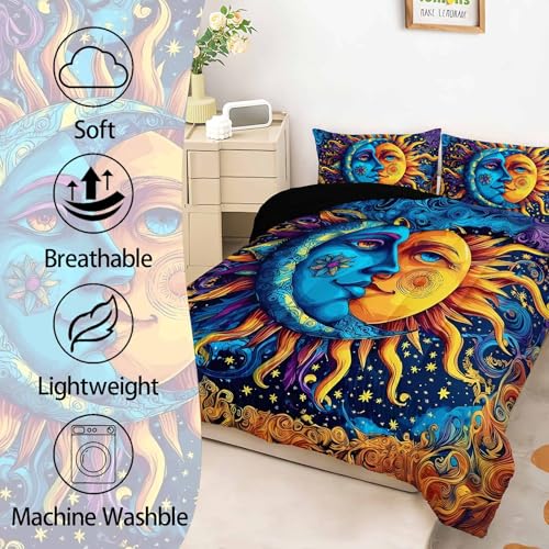 Image of AILONEN Sun and Moon Comforter Set Queen, Sun Moon Celestial Psychedelic Boho Bedding Set,Blue Yelow Star Comforter with 2 Pillowcases