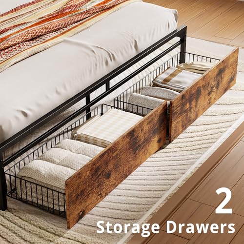 Image of LIKIMIO California King Size Bed Frame with 2 Drawers and Charging Station | Platform Bed with Upholstered Storage Headboard, No Box Spring Needed, Easy Assembly, Sturdy, Industrial Brown and Gray