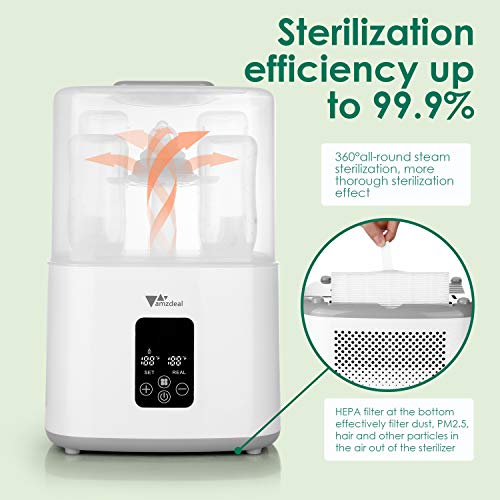 amzdeal 6-in-1 Baby Bottle Sterili-zer and Dryer, BPA Free Electric Steam Bottle Warmer with LCD Display, All-Round Sterili-zation and HEPA Filter, Auto Power-Off, for Drying & Warming & Heating