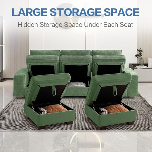 Image of TEKAMON 100 inch Modular Sectional Sofa with Seats Storage, U Shaped Couch with Movable Ottomans, Chenille Fabric Couch for Living Room, USB Port, Removable Cover(Green, 3 Seater & 2 Ottomans- U Shape)