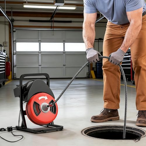 Image of Garvee 50FTx1 /2 Inch Drain Cleaner Machine with Wheels, Sewer Snake Electric Drain for 2 inch to 4 inch Pipes, Plumbing Snake Auger Cleaner with 6 Cutter & Foot Switch for Sewer, Sink, Toilet, Bathroom