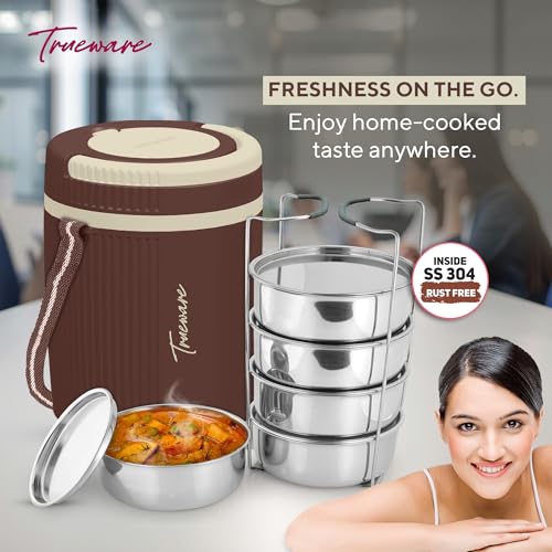 Image of Tureware Electric 5 PU Insulated 304 Grade Stainless Steel 5 Container 450ml Each Thermoware Electric Lunch Box for Man & Women Reheat Food|Convenience case or Power Cord|Inbuilt Thermostat