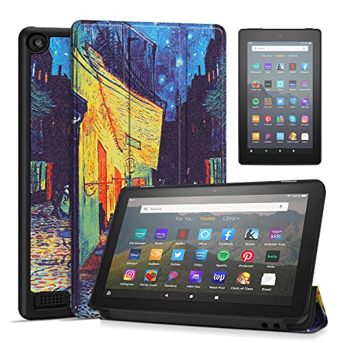 TNP Slim funda para All-New Amazon Fire 7 Tablet (7ª Generación, 2017 Release), Ultra ligero delgado funda carcasa de pie con función de encendido/apagado (Cafe at Night - Van Gogh) Cover