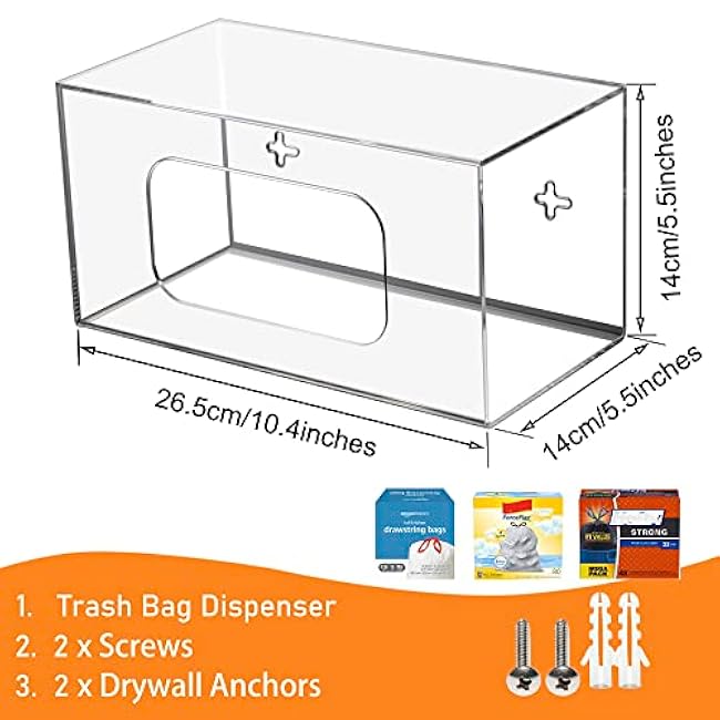 SEANADO Trash Bag Dispenser Roll Holder, Wall Mount Acrylic Kitchen Organizer Storage Box Holder for Garbage Bag Grocery Bag Plastic Shopping Bag Roll Container (10.4 x 5.5 x 5.5 inches)