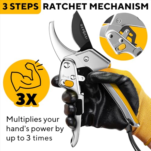 Image of Ratchet Pruning Shears for Gardening Heavy Duty - Increases Cutting Power 3x - Perfect Ratchet Pruners for Weak Hands & Arthritis - 8 inch Anvil Garden Clippers - Sharp Blade for Effortless Cutting-Yellow