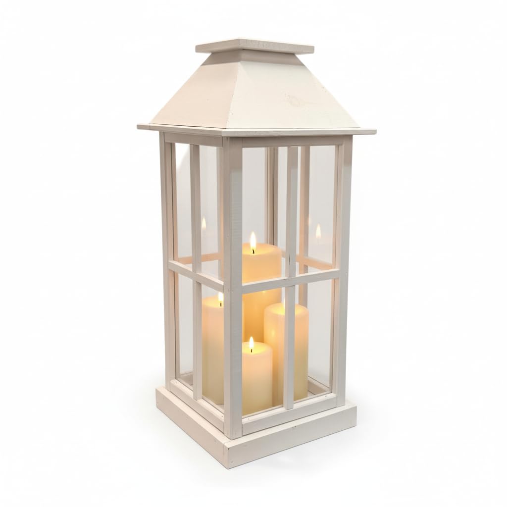 WEECO Farolillo grande de madera blanca de 74 cm – Elegante lámpara decorativa con plexiglás para salón, balcón, terraza y jardín