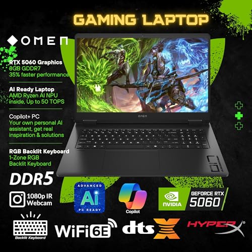 Image of HP OMEN AI Gaming Laptop, 17.3 144Hz FHD Display, AMD Ryzen AI 9 365(>i9-13900H), GeForce RTX 5060, Copilot, RGB Backlit Keyboard,1080p Webcam, WiFi 6E, Windows 11 Pro, Black(64GB DDR5 RAM | 4TB SSD)