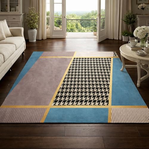 Alfombra de salón, moderna, geométrica, azul, gris, negro, blanco, amarillo, beige, 120 x 200 cm, lavable para salón, dormitorio, estudio, oficina, pasillo y cocina
