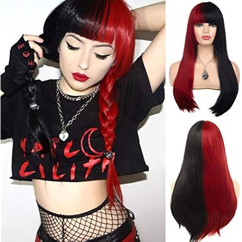 Beweig Wigs for Women Half Red Half Black Long Straight Hair Wig with Bangs Synthetic Cosplay Halloween Party 25.5inch Cover