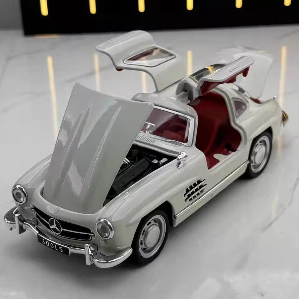 Image of Diecast Mercedes Benz 300 SL Toy Car - 1:32 Scale Alloy Vintage Car with Light & Sound, Pull-Back Toy for Kids & Collectors, Gift for Boys & Enthusiasts- (White)
