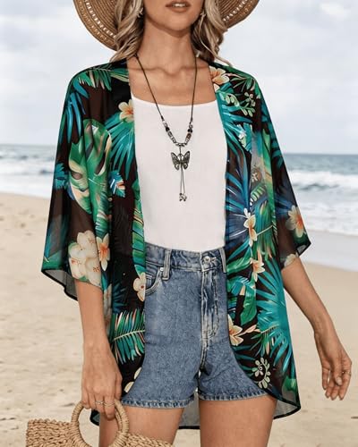 Image of Women's Floral Print Puff Sleeve Kimono Cardigan Loose Cover Up Casual Blouse Tops 2026