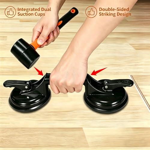 Image of Floor Gap Fixer Tool Heavy Duty Striking Surface Floor Gap Repair Tool, Aluminum Alloy Enhanced 2 Suction Cups with Double-sided Striking Points and Rubber Mallet for Laminate /Vinyl Flooring