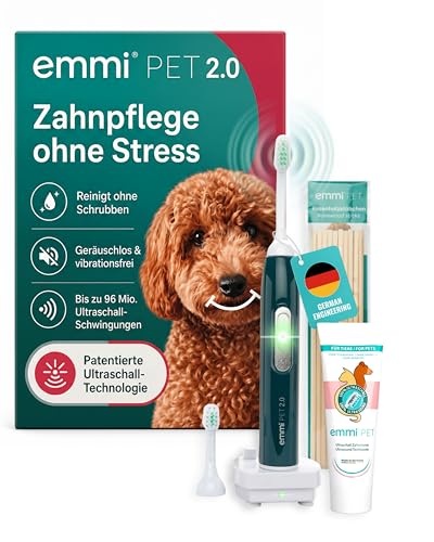 emmi-PET 2.0 Ultraschall-Zahnbürste für Hunde I Geräuschlose Hundezahnbürste reduziert Plaque & beugt Zahnstein vor I Schonende Zahnpflege ohne Schrubben I Zahnpflege Set inkl. Zahnpasta & Aufsätzen