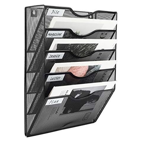 EasyPAG Mail Organizer Wall Mounted Hanging File Organizer 5 Pocket Mesh Wall File Folder Holder Magazine Rack with Nametag, Black Cover