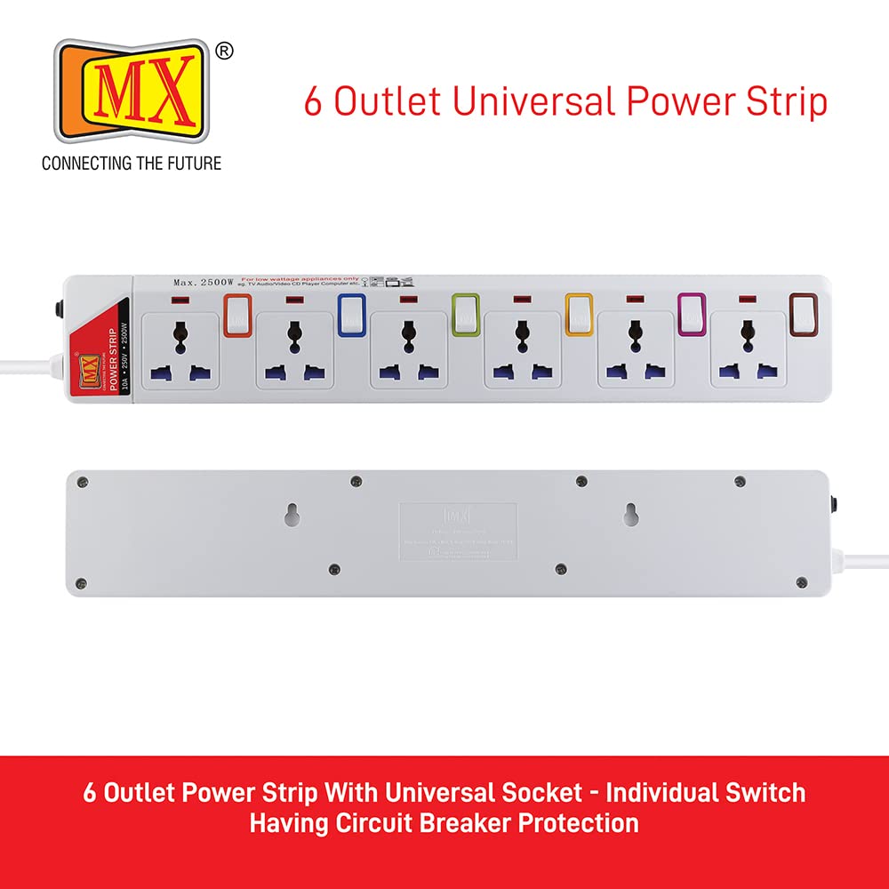 MX 6 Power Strip - 6 Sockets, Safety & Surge Protection -2
