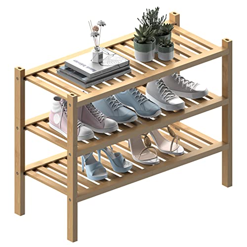 (Thick Bamboo Shoe Rack for Entryway, 3-Tier Free Standing Shoe Racks Stackable Shoe Rack Organizer for Hallway Closet Living Room 27 x12 x21 Inches