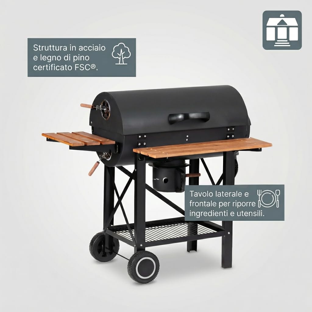 Tarrington House Barbecue a Carbone Louisiana, Acciaio/Legno, Raccoglicenere, Sistema di Ventilazione, Tavolini Laterali, Nero