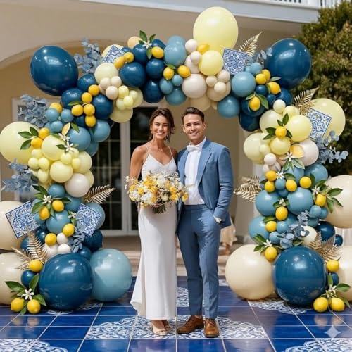 Image of Blue Yellow Balloon Arch Double Stuffed Dusty Navy Blue Light Yellow Cream White Balloon Garland Kit for Baby Shower Birthday Bridal Wedding Lemon Graduation Party Decorations