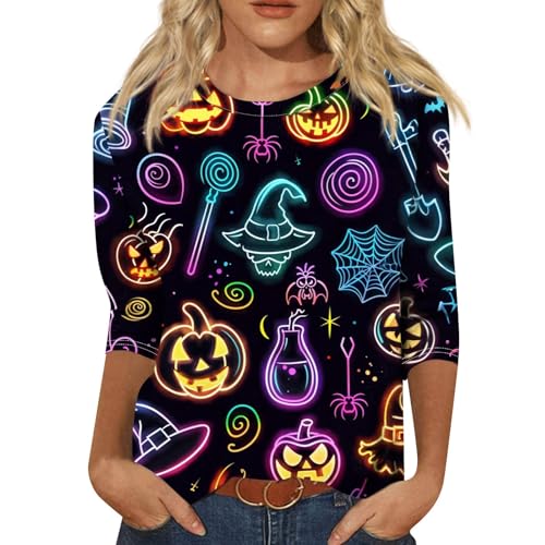 Halloween Shirts for Women 3/4 Sleeve Plus Size Crewneck Loose Fit Cute T Shirt Halloween Costumes for Women 2025