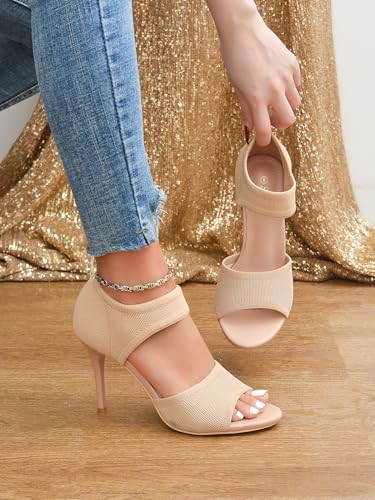 Image of Peep Toe Heels for Women Sexy 3 Inches Stiletto Heeled Sandals for Women Open Toe Wide Stretchy Knit Heel Sandal Booties Slip On Comfortable Dressy Shoes for Prom, Party and Work