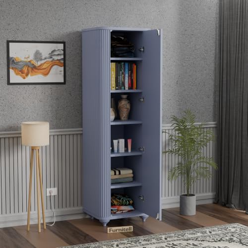 Image of HDHMR Wooden Wardrobe Almirah for Bedroom, 72 Inch | 1 Door Tall Storage Cabinet with 6 Shelves | Fluted Push-to-Open Cupboard | Closet Organizer for Clothes, Books & Home Essentials | Grey Finish