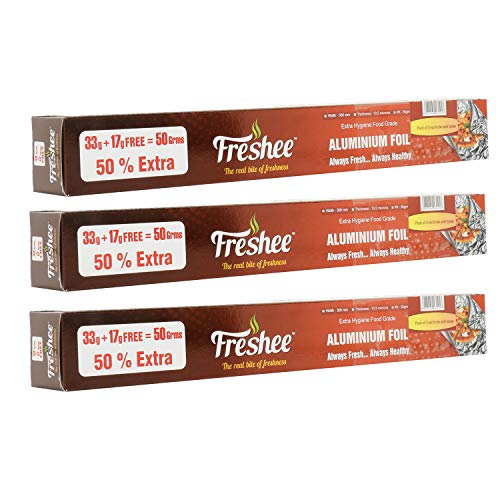 Image of Freshee 50gm Aluminium Silver Kitchen Foil Roll Paper Pack of 3, 11 Micron Thick, Food wrap, Disposable, Food Parcel, Fresh Food