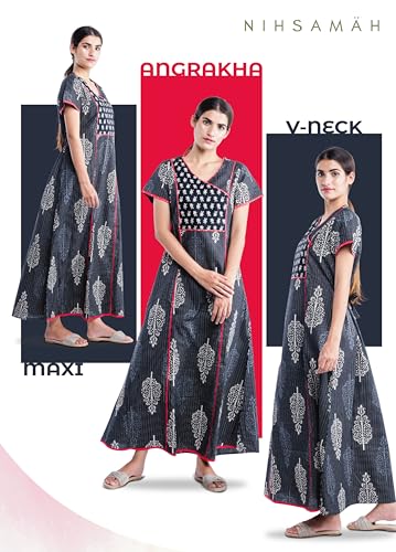 Image of NIHSAMAH Cotton Night Gown for Women - Angrakha Style Nighty, Comfortable Sleepwear /Nightwear /Maxi