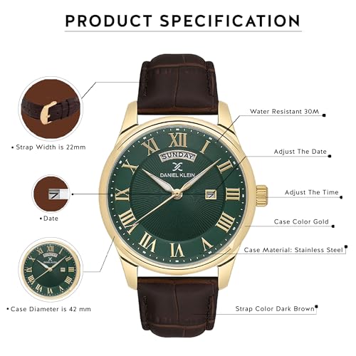 Image of Daniel Klein Analog Green Round Dial Gold Case Brown Leather Strap Day Date with Roman Accents Water-Resistant Wrist Watch for Men Boys DK.1.13819-4