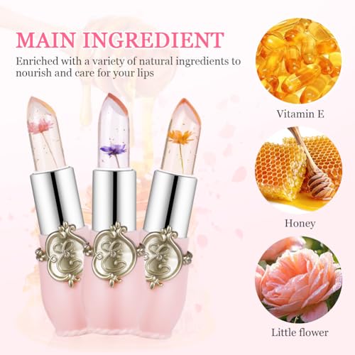 LOPHE Flower Jelly zestaw szminek do ust, 3 sztuki, magiczna zmiana temperatury, balsam do ust, błyszczyk do ust, długotrwały krem nawilżający, kryształowe galaretki kwiatowe, zestaw do makijażu (3