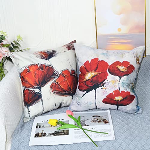 QUALKNOY Set of 4 Cushion Covers 18"x18" Red Flower Linen Modern Art Decorative Throw Pillow cases 45 x 45cm for Living Room Sofa Outdoor Pillowcases - Image 4