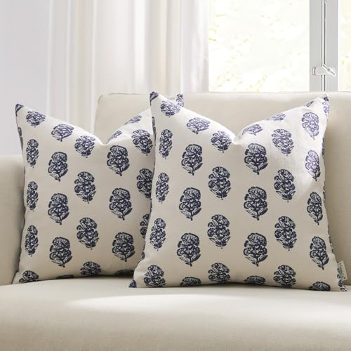 Meekio Set of 2 Navy Blue Patterned Pillow Covers 20x20, Coastal Farmhouse Block...