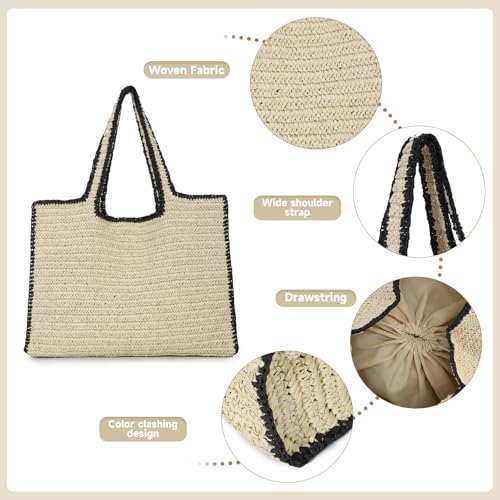 Image of Fecialy Women Large Straw Tote Handbag Hand Woven Summer Beach Shoulder Bag Chic Casual Travel Vacation Bags