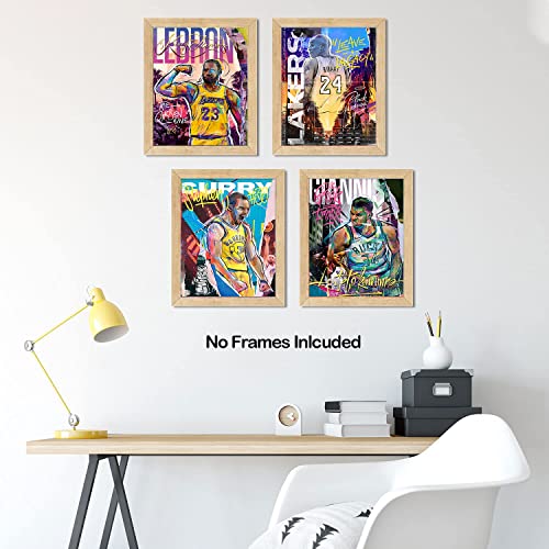 Basketball Stars Wall Art, Graffiti Basketball Art Prints, Stephen Curry Lebron James Giannis Antetokounmpo Canvas Motivational Posters For Boy's Room Man Cave Home Decor, 4-Set (8"X10" Unframed) #TOP2