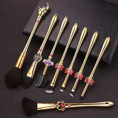 Sailor Moon Makeup Brushes Set - 8pcs Plastic Handle Cosmetic Makeup Brush Set Professional Tool Kit Set Pink Drawstring Bag Included (Gold-1)